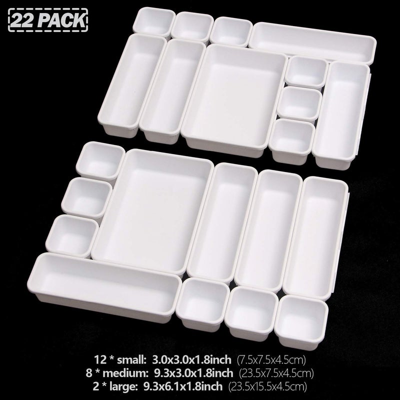 TENABORT Set of 22 Interlocking Desk Drawer Organizer Tray Dividers Plastic Shallow Narrow Drawers Organizers Separators Storage Bins Container for Kitchen Bathroom Makeup Office Vanity Bedroom Dresser White - Image 3
